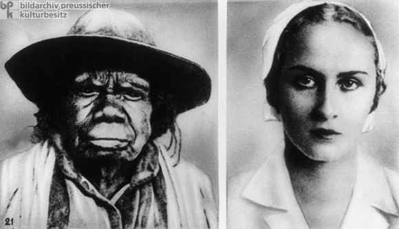 NS-Rassenkunde: Gegenüberstellung eines „arischen” und eines „nicht arischen” Kopfes (aus der Dia-Serie „Blut und Boden”) (um 1935)